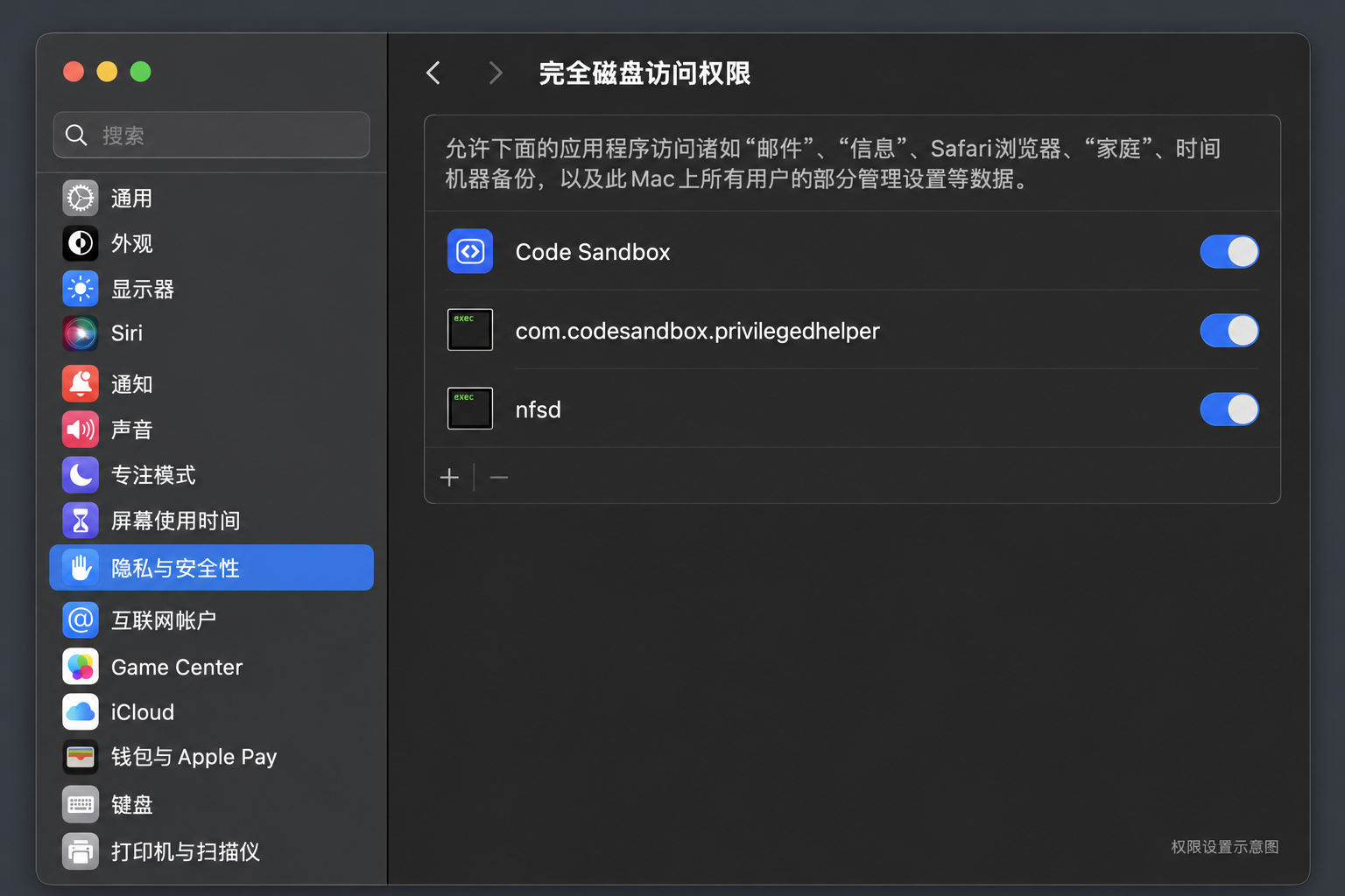 完全磁盘访问权限示意图：Coding Sandbox、com.codesandbox.privilegedhelper 和 nfsd 三个开关均开启